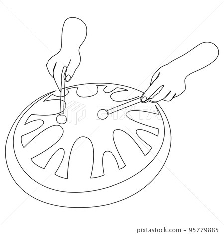 Playing the steel tongue drum with sticks. Continuous line drawing of traditional folk music instrument. Vector illustration. 95779885