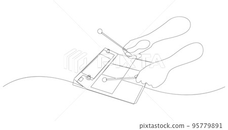 Continuous drawing of a person playing electronic drum pad with sticks. Hands holding drum sticks close up. Vector illustration. 95779891