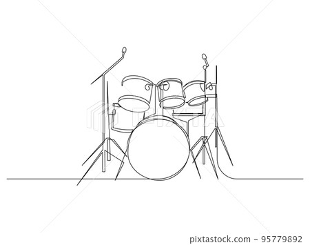 Continuous line drawing of drum instrument. Drum set minimalist line design. Vector illustration. Continuous line drawing of drum instrument. Drum set minimalist line design. Vector illustration. 95779892