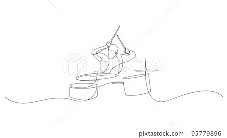 Continuous line drawing of a man playing drum isolated on white background. A drummer person one line art. Vector illustration. Continuous line drawing of a man playing drum isolated on white background. A drummer person one line art. Vector illustration. 95779896