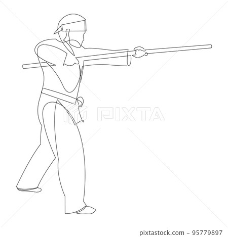 Continuous line drawing of shaolin monk man practice kung fu using long staff. Traditional Chinese combative sport concept. Vector illustration. 95779897