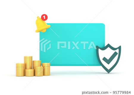 Empty reminder pop up, notification bell icon with shield, check mark and coins. 95779984
