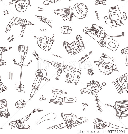 Line icon style seamless vector pattern of hand power repair tools. Black worker equipment and accessories. 95779994