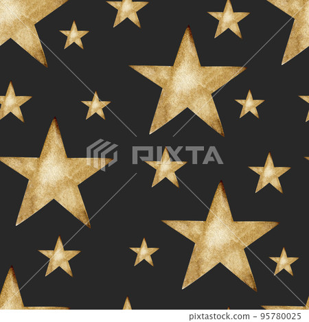 seamless pattern watercolor gold stars on black background, hand painted. 95780025