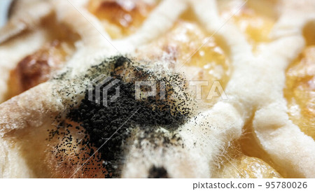 Black mold on bakery product. Spoiled bun product. Black mold on bakery product. Spoiled bun product. 95780026