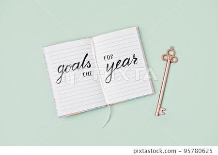 Goals for the year 2023, New year resolution. Text Goals for the year in open notepad on the table. Start new year, planning and setting plans for the next year. 95780625