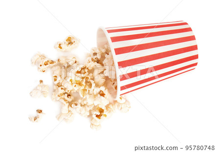 Bucket of tasty pop corn isolated on white, top view 95780748