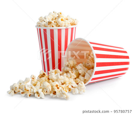 Buckets of tasty pop corn isolated on white 95780757