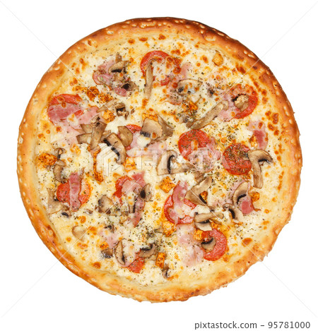 Delicious classic italian pizza with Mozzarella, ham, pepperoni sausage and mushrooms Delicious classic italian pizza with Mozzarella, ham, pepperoni sausage and mushrooms 95781000