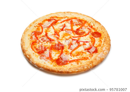 Delicious classic italian pizza with Mozzarella, ham, pepperoni sausage and pepper 95781007