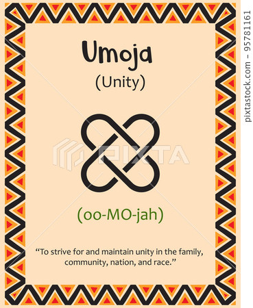 A card with one of the Kwanzaa principles. Symbol Umoja means Unity in Swahili. Poster with sign and description. Ethnic African pattern in traditional colors. Vector illustration A card with one of the Kwanzaa principles. Symbol Umoja means Unity in Swahili. Poster with sign and description. Ethnic African pattern in traditional colors. Vector illustration 95781161