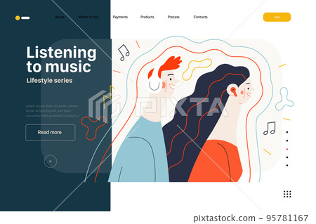 Lifestyle web template - Listening to music - modern flat vector illustration of a man and a woman with buds and headphones listaening to music surrounded by waves. People activities concept 95781167