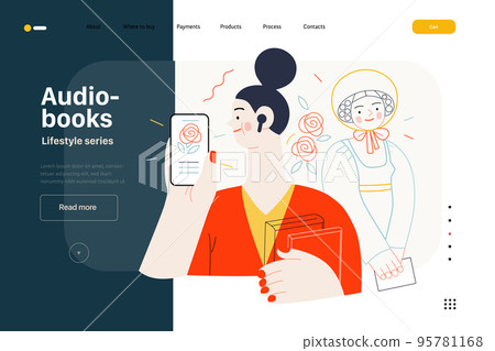 Lifestyle web template -Audiobooks -modern flat vector illustration of a woman listening an audiobook with buds in the tablet application, Victorian Era literary character. People activities concept 95781168