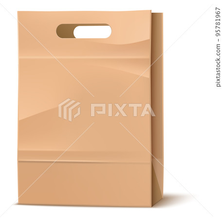 Street food packaging. Realistic paper takeaway container. Isolated package mockup. Cardboard blank bag with handles. Eco recycle pouch. Shop merchandise wrap. Vector disposable meal pack 95781967