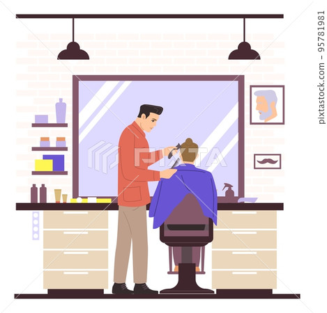 People in hair salon. Barber with customer. Hairdresser makes haircut. Client sitting on armchair. Haircutter trimming and shaving. Hairdressing guy. Vector barbershop illustration 95781981