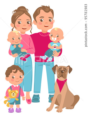 Happy family. Cartoon smiling parents with children and pet dog. Relatives group portrait posing. Standing mother and father holding newborn babies. Cute little boy. Vector illustration Happy family. Cartoon smiling parents with children and pet dog. Relatives group portrait posing. Standing mother and father holding newborn babies. Cute little boy. Vector illustration 95781983