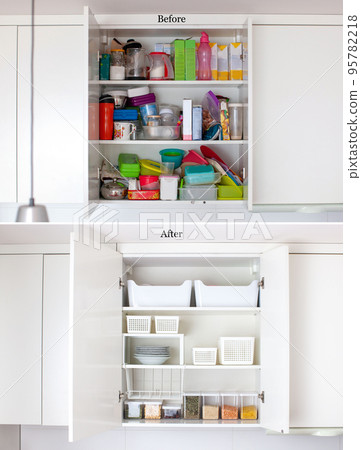 Before and after concept. Storage ideas in the kitchen. Shelf order system. Before and after concept. Storage ideas in the kitchen. Shelf order system. 95782218