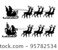 Santa Claus and gifts in sleigh with reindeer pulling the sleigh. 95782534