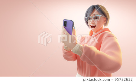 Teenager girl surprised face expression to purple smartphone. Teenager girl surprised face expression to purple smartphone. 95782632