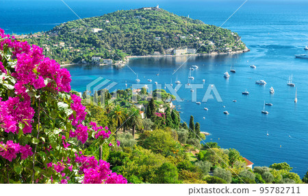 Summer holidays background rhododendron flowers Mediterranean sea Summer holidays background rhododendron flowers Mediterranean sea 95782711