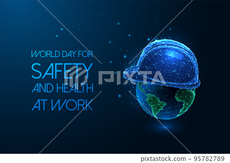 World Day for Safety and Health at Work concept web banner with construction helmet and Earth Globe World Day for Safety and Health at Work concept web banner with construction helmet and Earth Globe 95782789