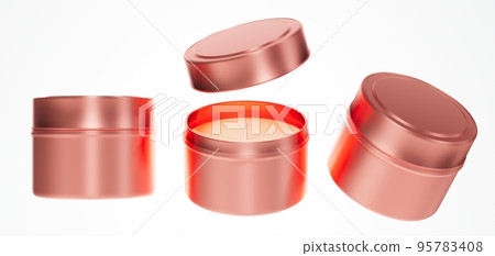 Travel candle in copper metal jar with lid 3D render mock-up, different views of candle box isolated on white background design ready template Travel candle in copper metal jar with lid 3D render mock-up, different views of candle box isolated on white background design ready template 95783408