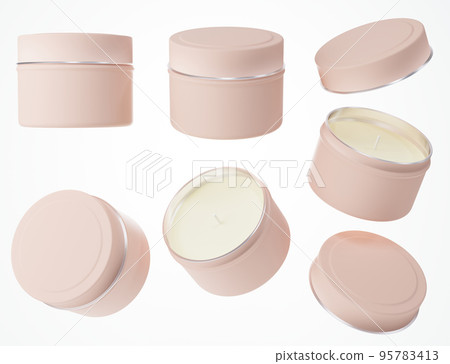 Travel candle in beige and silver metal jar with lid 3D render mock-up, different views of candle box isolated on white background design ready template 95783413