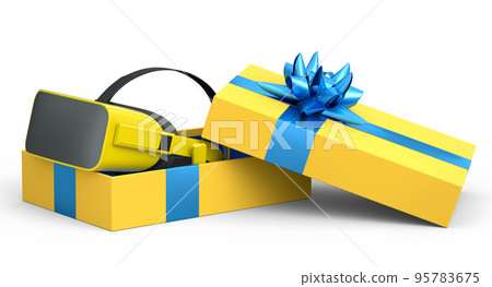 Gift boxes with VR Headset, ribbon and bow on white background. greeting design Gift boxes with VR Headset, ribbon and bow on white background. greeting design 95783675