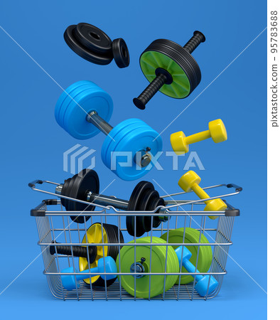 Sport equipment for fitness, gym, crossfit in shopping basket on blue Sport equipment for fitness, gym, crossfit in shopping basket on blue 95783688
