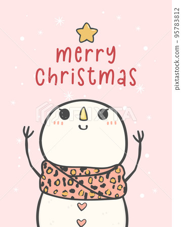kawaii white adorable snowgirl with scarf with snowfall in background, Merry Christmas greeting card printable, cartoon doodle hand drawing vector 95783812