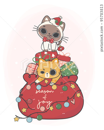 two cute naughty kitten cats in Santa Red bag with gift boxes, cartoon animal character hand drawing doodle vector idea for greeting card 95783813