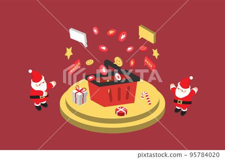 Christmas isometric discount sale banner template with podium promotion of basket for advertising with Santa Claus 95784020