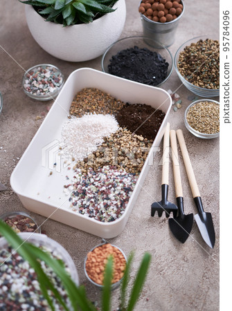 plastic box for soil substrate preparation for transplanting houseplants on concrete background 95784096