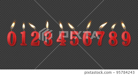 Vector 3d Realistic Paraffin or Wax Burning Red Birthday Party Candles, Numbers and Different Flame of a Candle Icon Set Isolated. Design Template, Clipart, Birthday Concept. Top View Vector 3d Realistic Paraffin or Wax Burning Red Birthday Party Candles, Numbers and Different Flame of a Candle Icon Set Isolated. Design Template, Clipart, Birthday Concept. Top View 95784243
