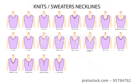 Set of necklines knits and sweaters clothes - collars, tops, blouses, dresses crew neck technical fashion illustration 95784782