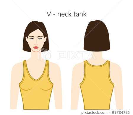V - neckline tank clothes character beautiful lady in yellow top, shirt dress technical fashion illustration fitted body 95784785