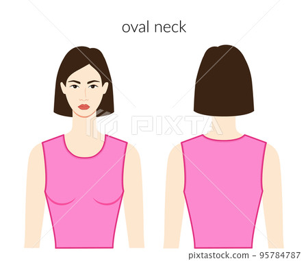 Oval neckline clothes character beautiful lady in pink top, shirt, dress technical fashion illustration with fitted body 95784787