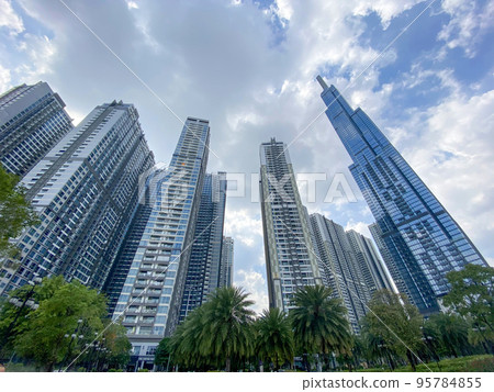 Ho Chi Minh City, Vietnam - 16 Oct 2022: Low-angle view of Landmark 81 and other high apartments 95784855