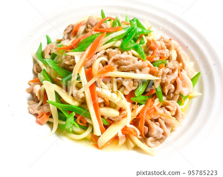 中國家常菜，茭白三絲（中國炒年糕和五顏六色的蔬菜） 95785223