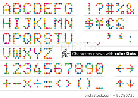 Alphabet letters and numbers formed by colorful dots 95786735