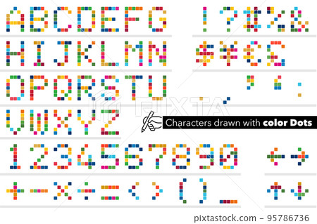 Alphabet letters and numbers formed by colorful dots 95786736