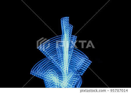 Technology digital flower neon blue light stripes on black background. 95787014
