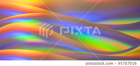 Trendy texture with polarization effect and colorful neon holographic waves. Abstract background in psychedelic Vapor wave style like in old retro design of 70s Trendy texture with polarization effect and colorful neon holographic waves. Abstract background in psychedelic Vapor wave style like in old retro design of 70s 95787016