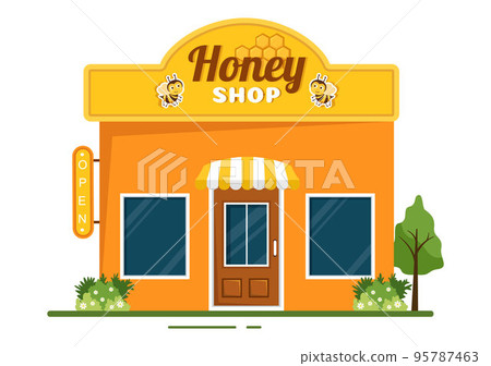Honey Shop with a Natural Useful Product Jar, Bee or Honeycombs to be Consumed on Flat Cartoon Hand Drawn Templates Illustration 95787463