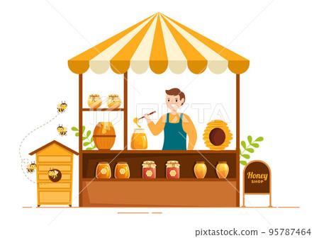 Honey Shop with a Natural Useful Product Jar, Bee or Honeycombs to be Consumed on Flat Cartoon Hand Drawn Templates Illustration 95787464