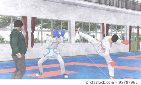 Karate match during the match kicking male illustration Karate match during the match kicking male illustration 95787963