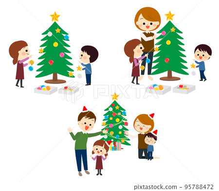 Set of Christmas tree and family preparing 95788472