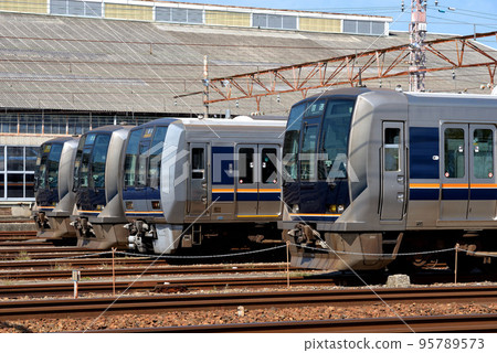 JR West's flagship vehicles lined up in the train depot JR West's flagship vehicles lined up in the train depot 95789573
