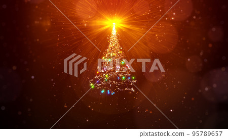 Gold christmas tree and shiny magic lights on red background for merry christmas and happy new year 95789657