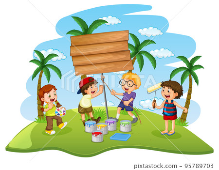 Happy children with wooden banner Happy children with wooden banner 95789703